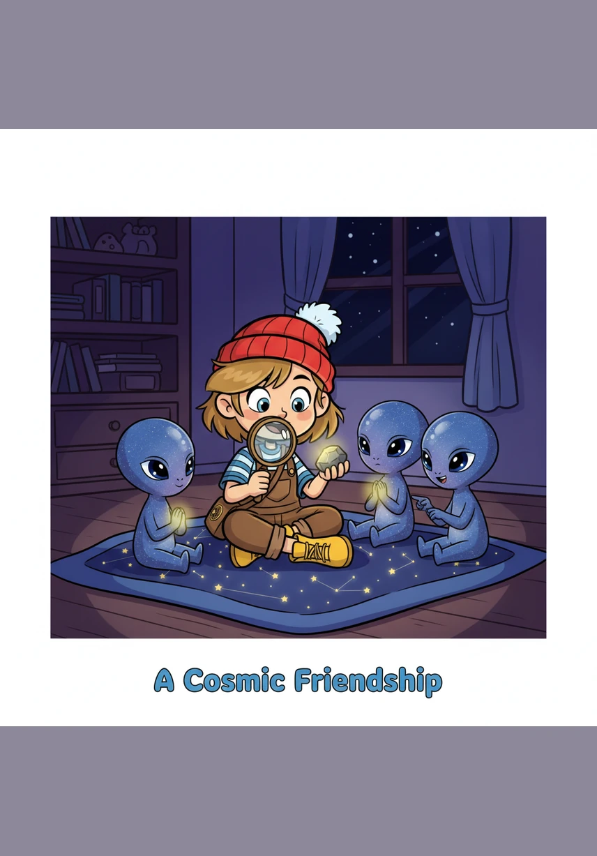 They sat together in a circle on the rug, sharing a plate of cookies and a bowl of glowing, star-shaped berries the aliens had brought from their ship. It was the most unusual and wonderful midnight snack Eva had ever experienced.