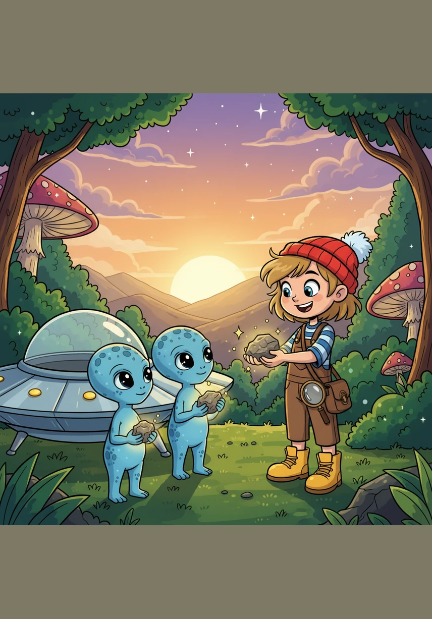 The aliens pointed to a small, dim panel on the side of their ship that had lost its glow, signaling it was time for them to leave. Eva realized they needed a special spark of energy to power their long journey back to the stars.