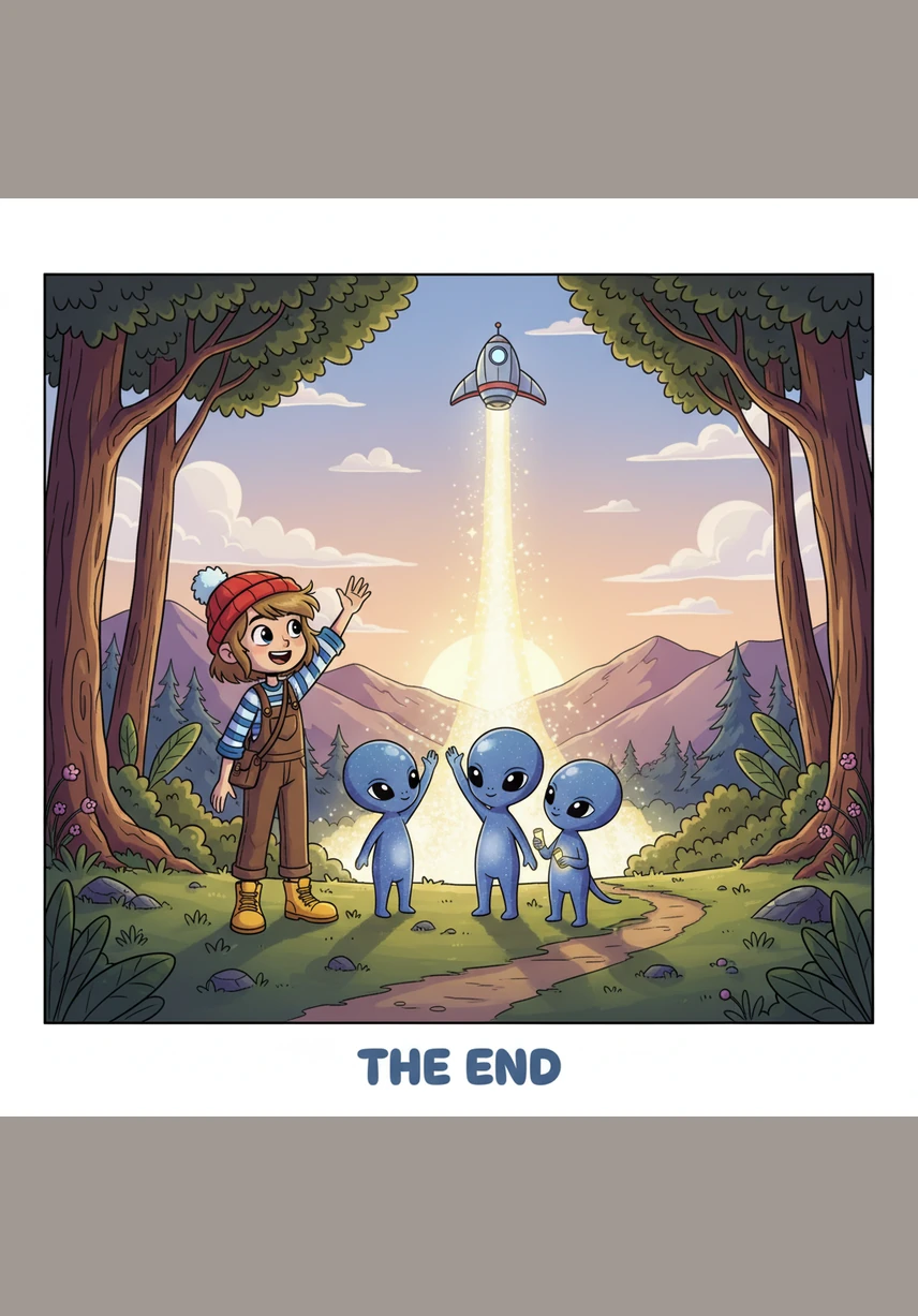 As the ship lifted into the air, it left a trail of glittery dust across the early morning sky. Eva waved from her window, knowing that she now had dear friends living in the furthest corners of the universe.
