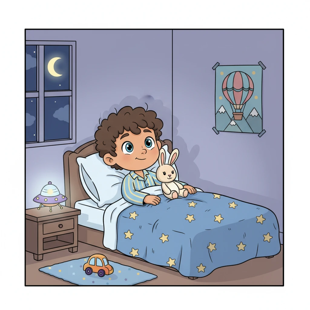 Milo, a little boy with big, curious eyes, was tucked snugly in his cozy bed. His favorite plush bunny, Barnaby, was right beside him. But even though it was bedtime, Milo wasn't quite sleepy yet; his mind was still buzzing with daytime adventures.