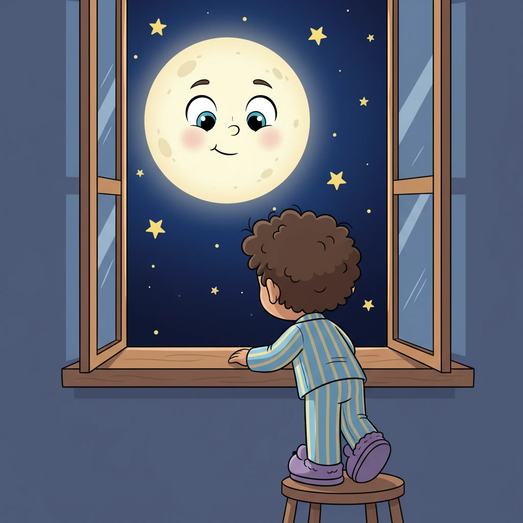 He peeked out his window, where the night sky was a deep, velvety blue. A big, friendly moon smiled down, surrounded by countless twinkling stars. Milo loved watching them dance and shimmer in the dark.
