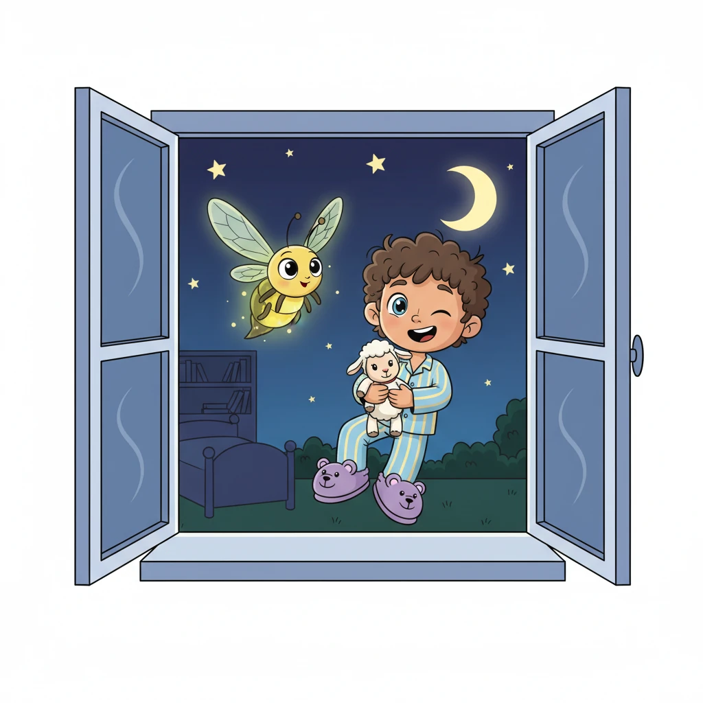Just then, a shimmering, friendly firefly, named Flicker, danced into his room. Flicker winked at Milo, as if to say, "Hop on!" With a giggle, Milo felt a gentle lift and floated out his window, Barnaby held tight in his arms.