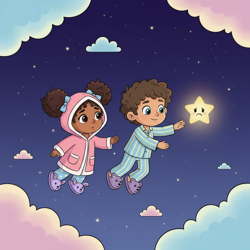 They soared past fluffy, marshmallow-like clouds, the night air feeling soft and warm around them. Soon, they reached the sad, dim star. It looked even smaller up close, its light barely a whisper. Milo gently reached out a comforting hand.