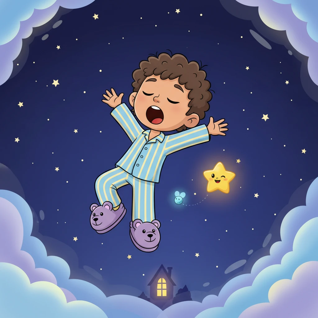 The happy star twinkled its thanks to Milo, its light now joining the celestial dance. Feeling a sweet tiredness wash over him, Milo yawned a big, happy yawn. Flicker gently guided him back, drifting softly through the starlit sky towards his cozy bed.