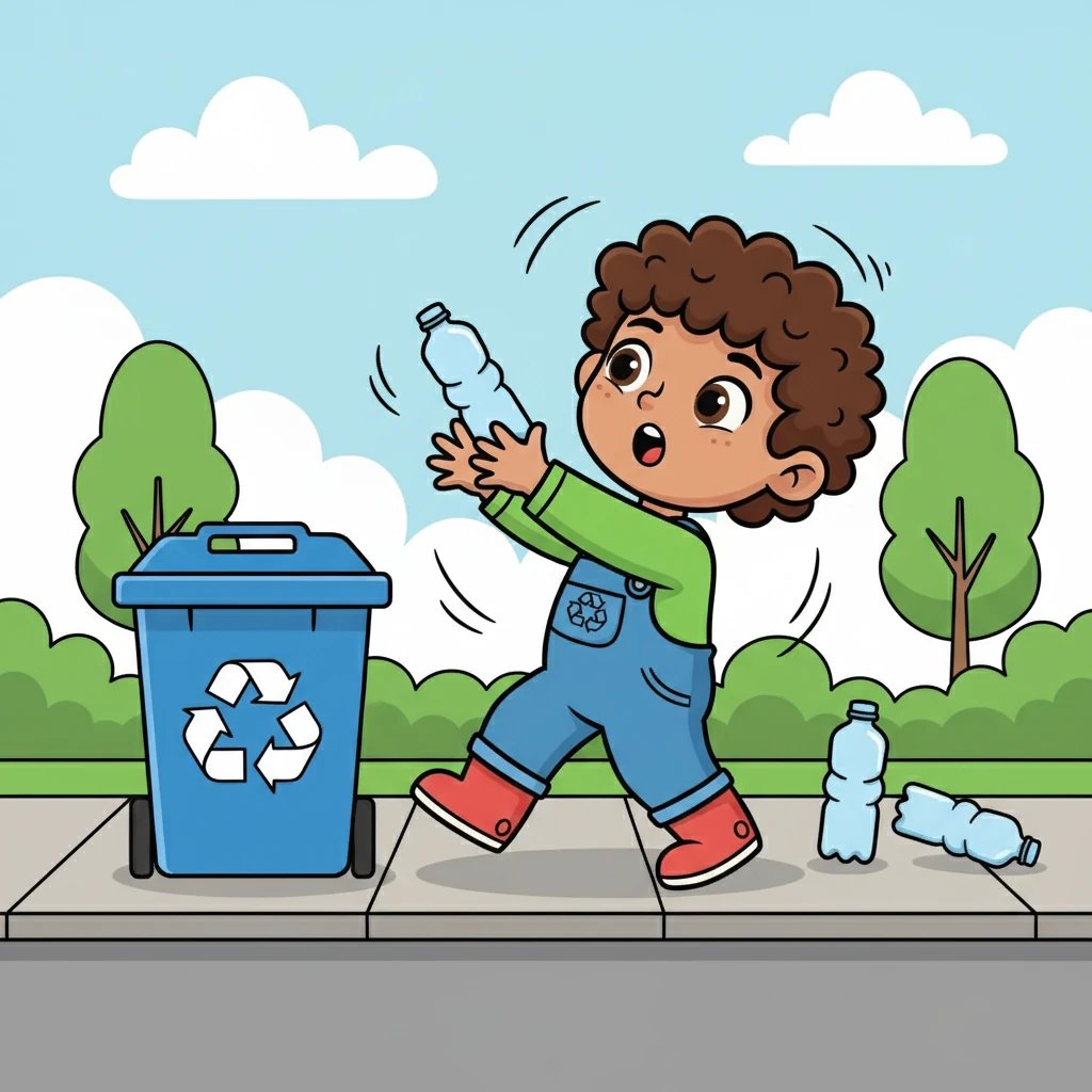 Ali walked towards the recycling bin, carefully aiming the bottle. A sudden gust of wind caught it, and two more bottles tumbled out of his hands and onto the ground.