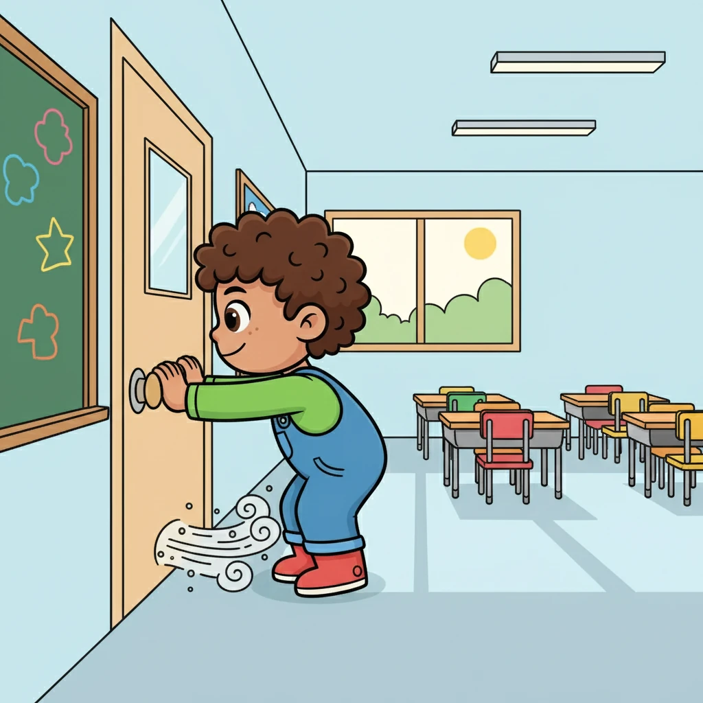 Inside the classroom, Sara noticed the wind whistling under the door. She quickly closed it, trying to keep the cool air inside and the dust out.