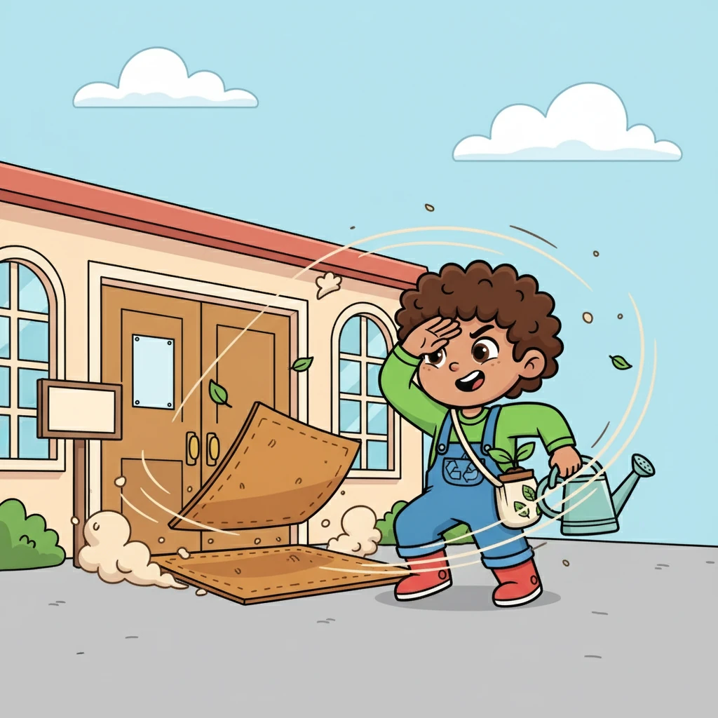 At the entrance, the dust mat was folded, allowing the wind to blow dust and sand into the school. The wind made the air a little dusty.