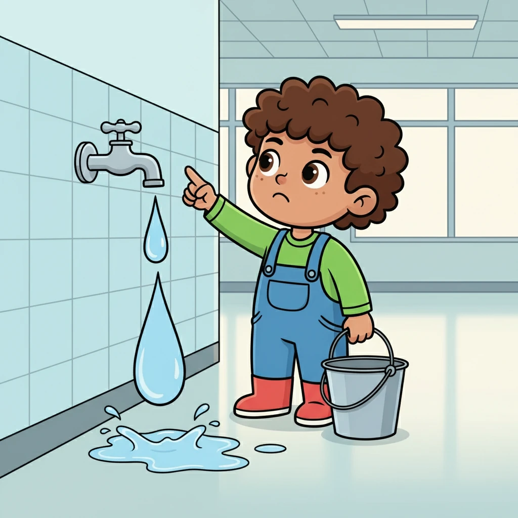 Near the canteen, a tap dripped, drop by drop, wasting precious water. The slow, steady drip echoed in the quiet hallway.