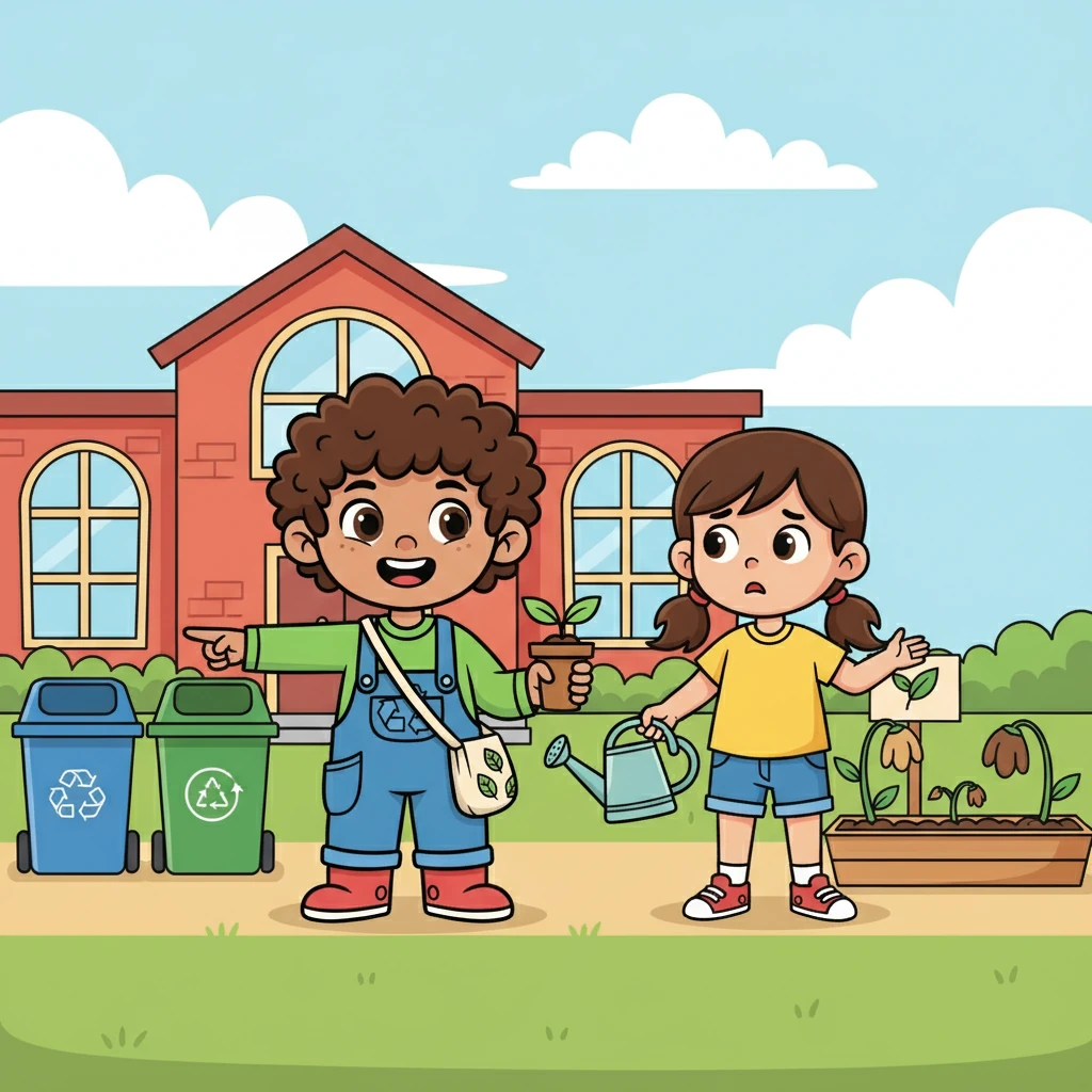 Ali and Sara walked around the school, observing the actions that helped and harmed the environment. They discussed what they could do better.