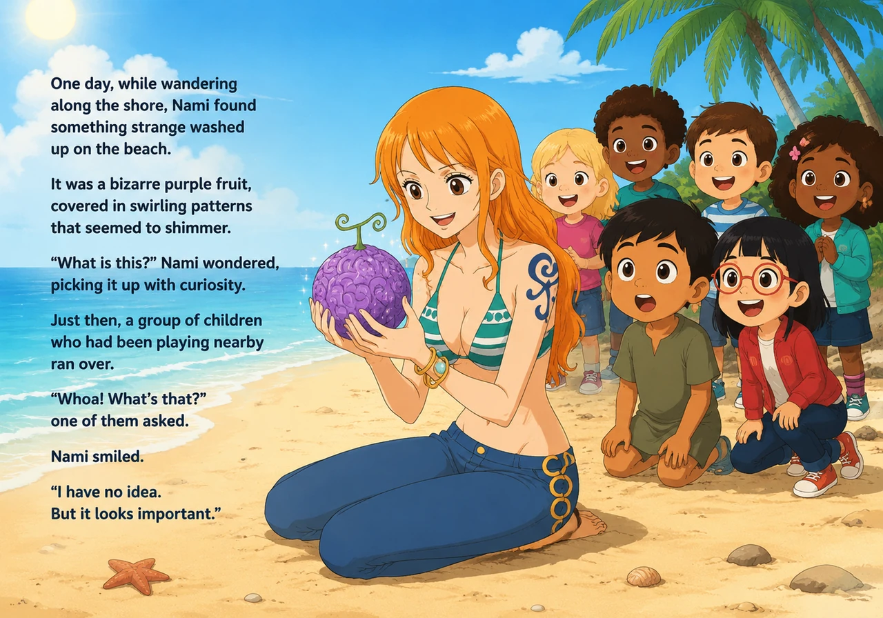 Nami sat on the sun-drenched beach, her eyes fixed on a bizarre, swirling purple fruit that had washed ashore. It was covered in strange, curly patter