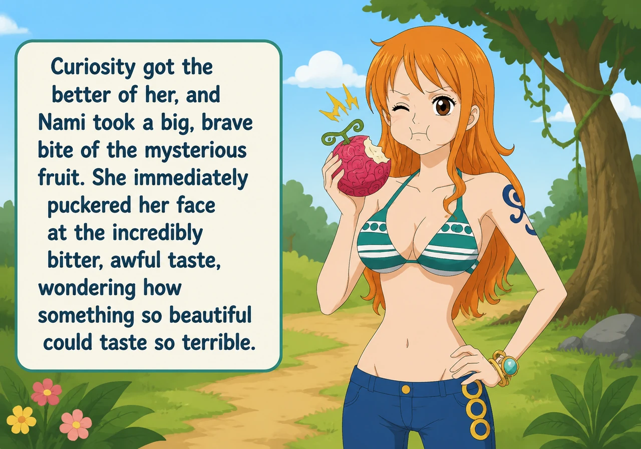Curiosity got the better of her, and Nami took a big, brave bite of the mysterious fruit. She immediately puckered her face at the incredibly bitter,
