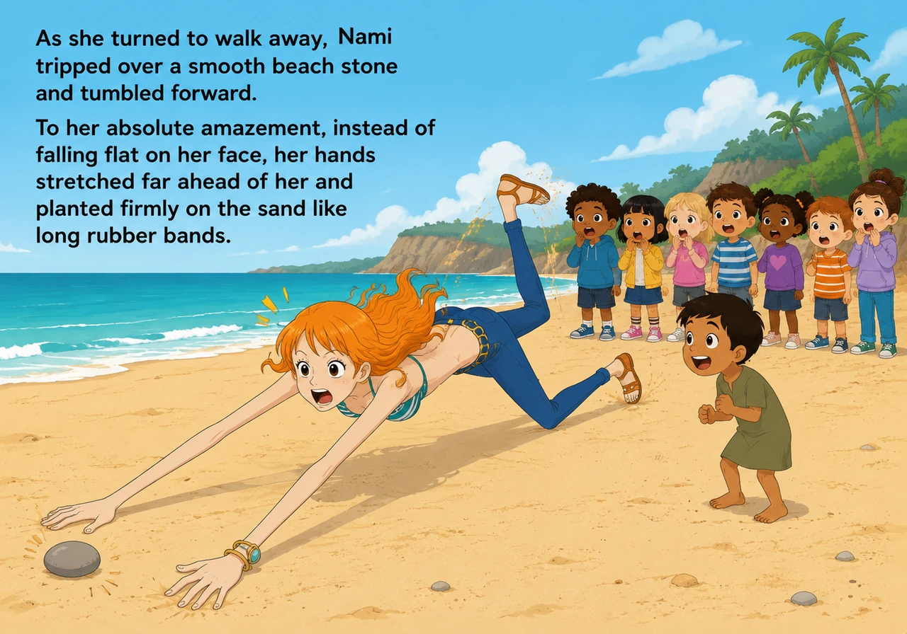 As she turned to walk away, Nami tripped over a smooth beach stone and tumbled forward. To her absolute amazement, instead of falling flat on her face