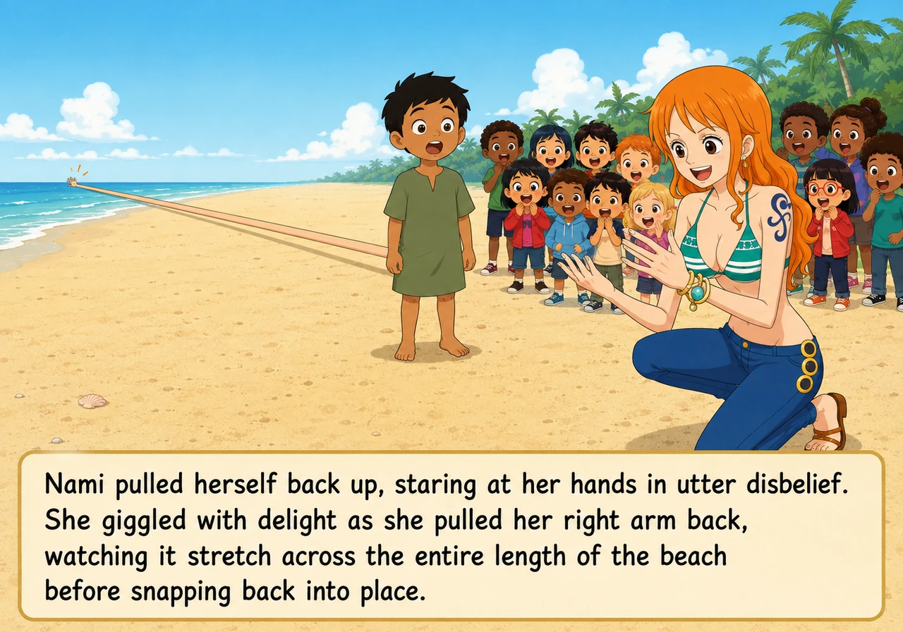Nami pulled herself back up, staring at her hands in utter disbelief. She giggled with delight as she pulled her right arm back, watching it stretch a
