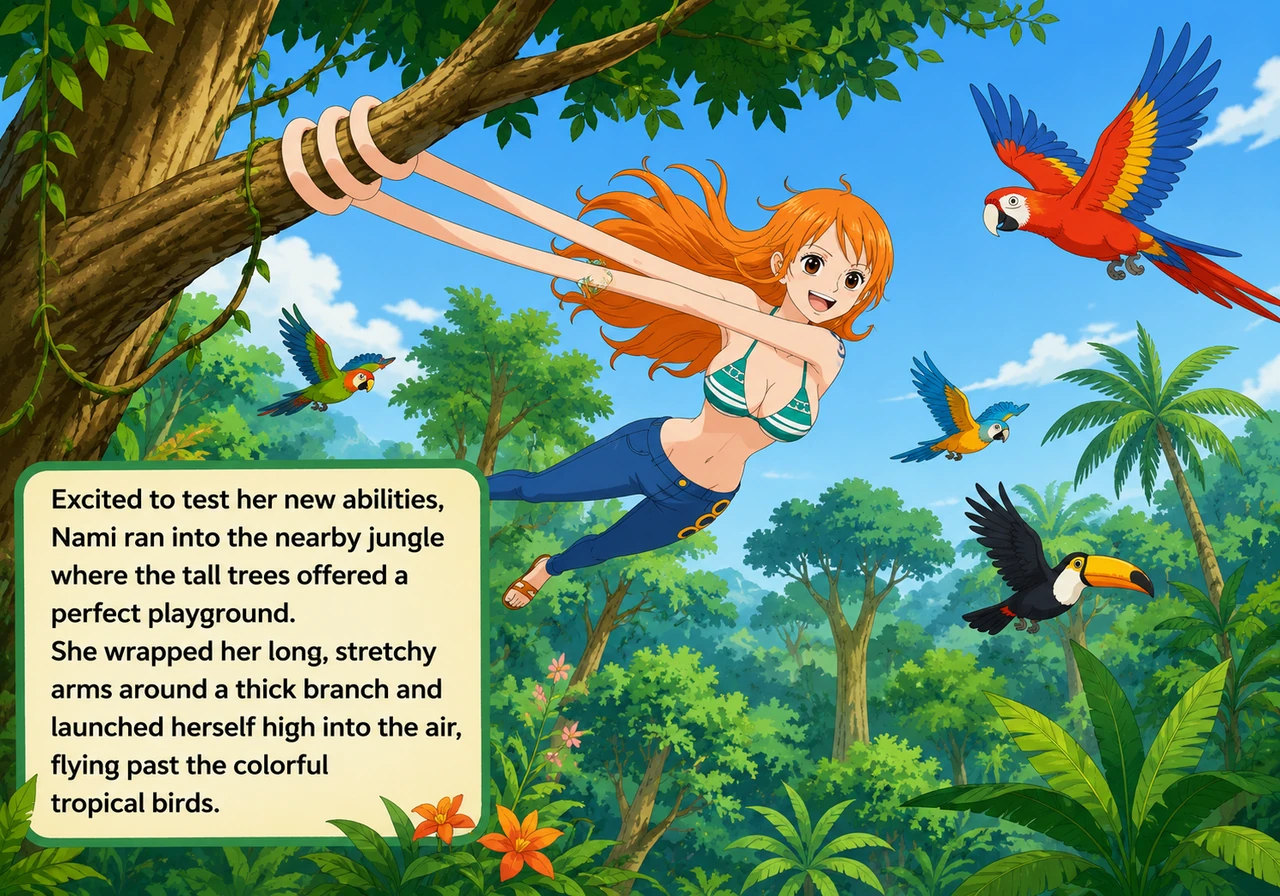 Excited to test her new abilities, Nami ran into the nearby jungle where the tall trees offered a perfect playground. She wrapped her long, stretchy a