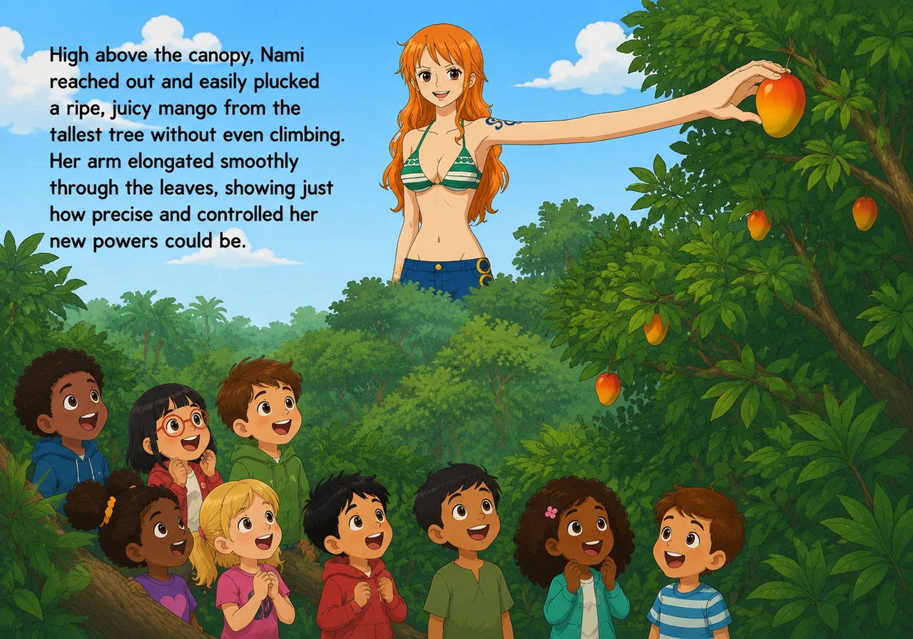 High above the canopy, Nami reached out and easily plucked a ripe, juicy mango from the tallest tree without even climbing. Her arm elongated smoothly