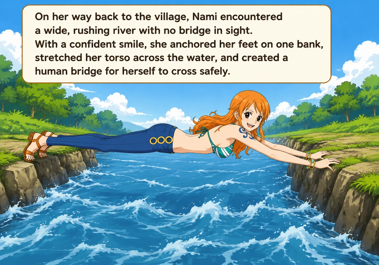 On her way back to the village, Nami encountered a wide, rushing river with no bridge in sight. With a confident smile, she anchored her feet on one b