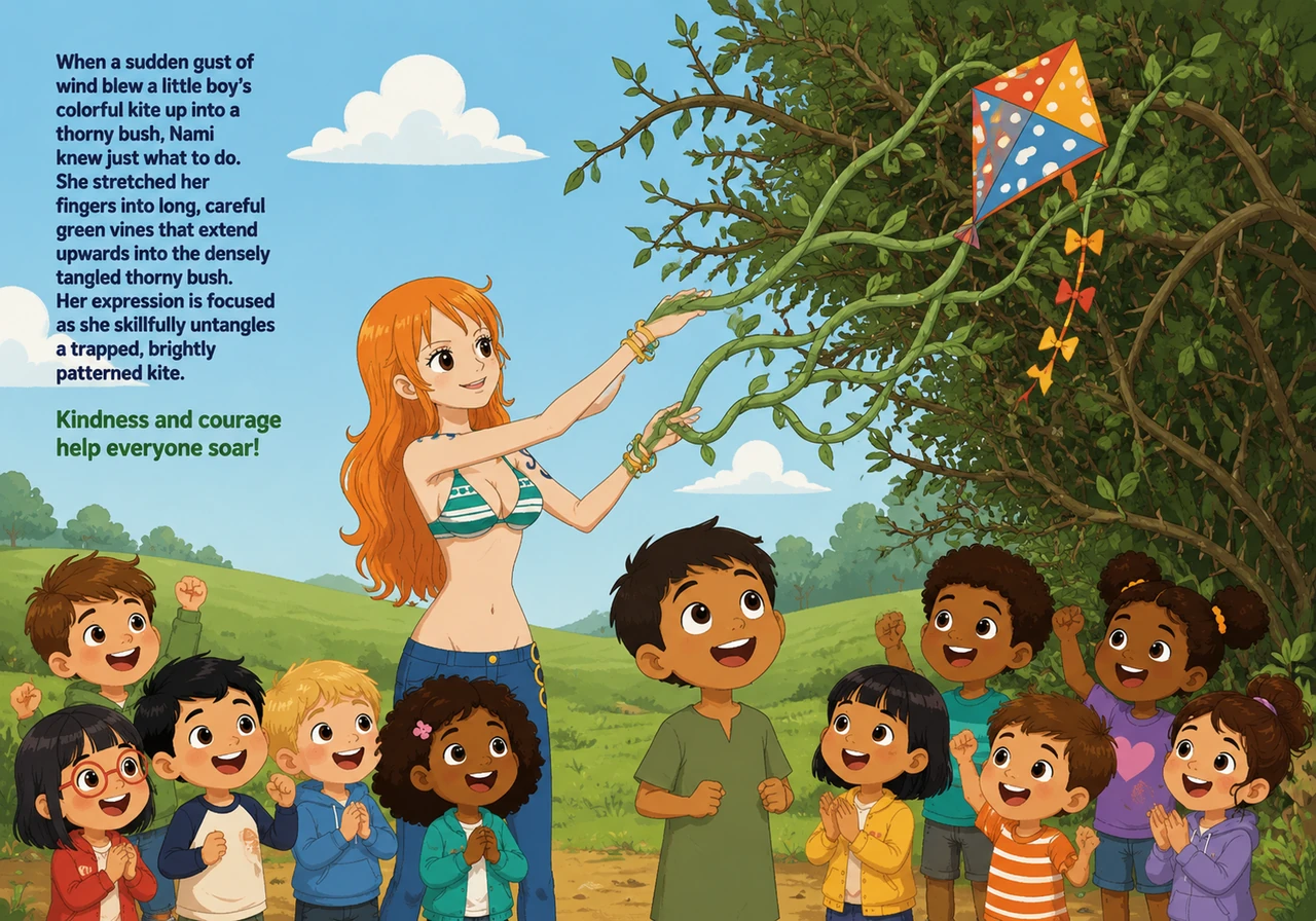 When a sudden gust of wind blew a little boy's colorful kite up into a thorny bush, Nami knew just what to do. She stretched her fingers into long, ca