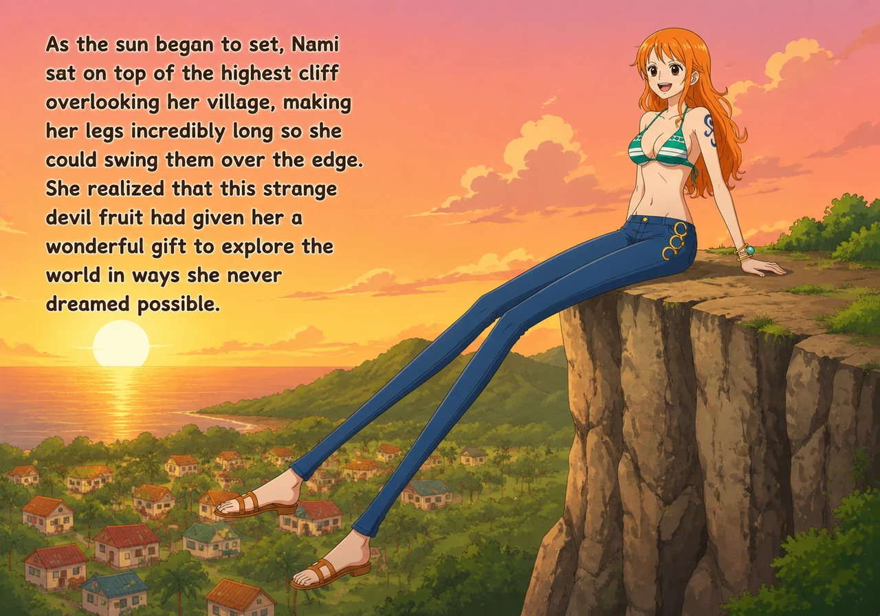 As the sun began to set, Nami sat on top of the highest cliff overlooking her village, making her legs incredibly long so she could swing them over th