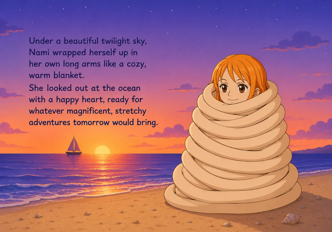 Under a beautiful twilight sky, Nami wrapped herself up in her own long arms like a cozy, warm blanket. She looked out at the ocean with a happy heart