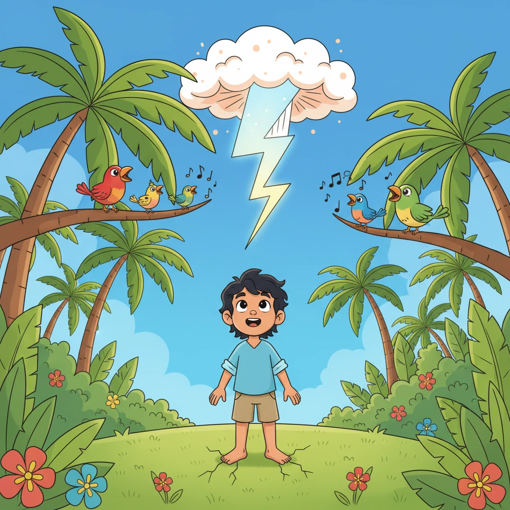 A quiet, sunny day unfolded on a vibrant Pacific island. Lush green trees swayed gently, and colorful birds sang happy tunes, filling the air with melody. Suddenly, a brilliant flash streaked across the sky, followed by a thunderous boom that shook the very ground with a playful rumble.