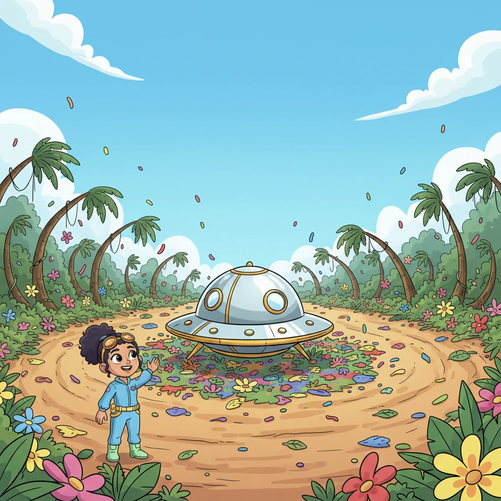 Where the light crashed, a wide path of flattened jungle now stretched for miles. Trees were comically squashed, and flowers were scattered like confetti, creating a whimsical mess. In the center of this big, messy circle, a gleaming, metallic spaceship sat surprisingly whole and shiny, almost like a giant toy.