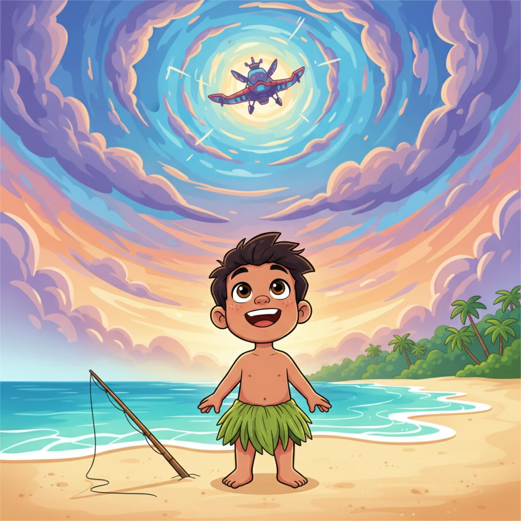 Young Kai, a boy with bright, curious eyes and a cheerful grass skirt, was fishing by the shore when the sky roared. He looked up, his fishing line forgotten, a huge grin spreading across his face. "Wow!" he whispered, his heart thumping with excitement for the unknown.