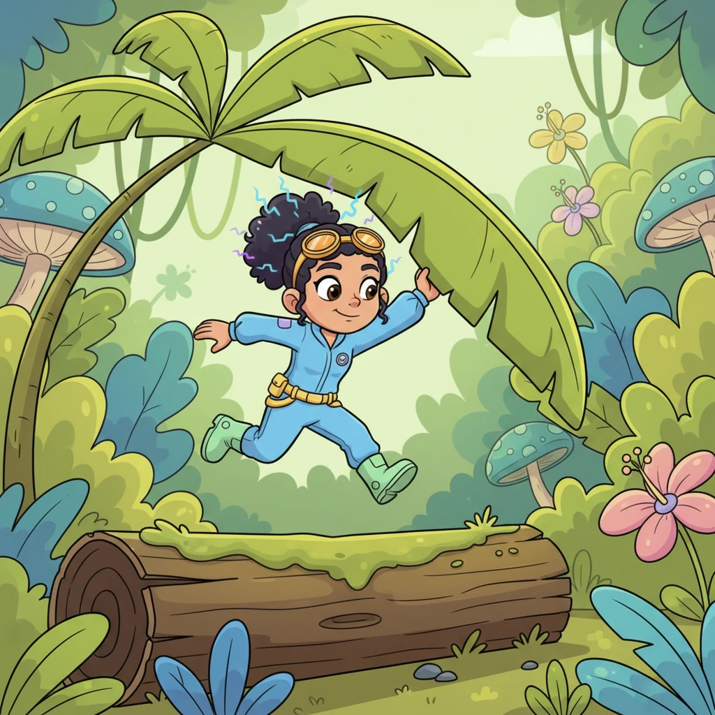 Kai, full of adventurous spirit, decided to investigate the strange sight. He carefully hopped over fallen logs and ducked under bent palm fronds, his tiny feet eager. The air buzzed with a strange, new energy, making his hair stand up in a funny, electric way.