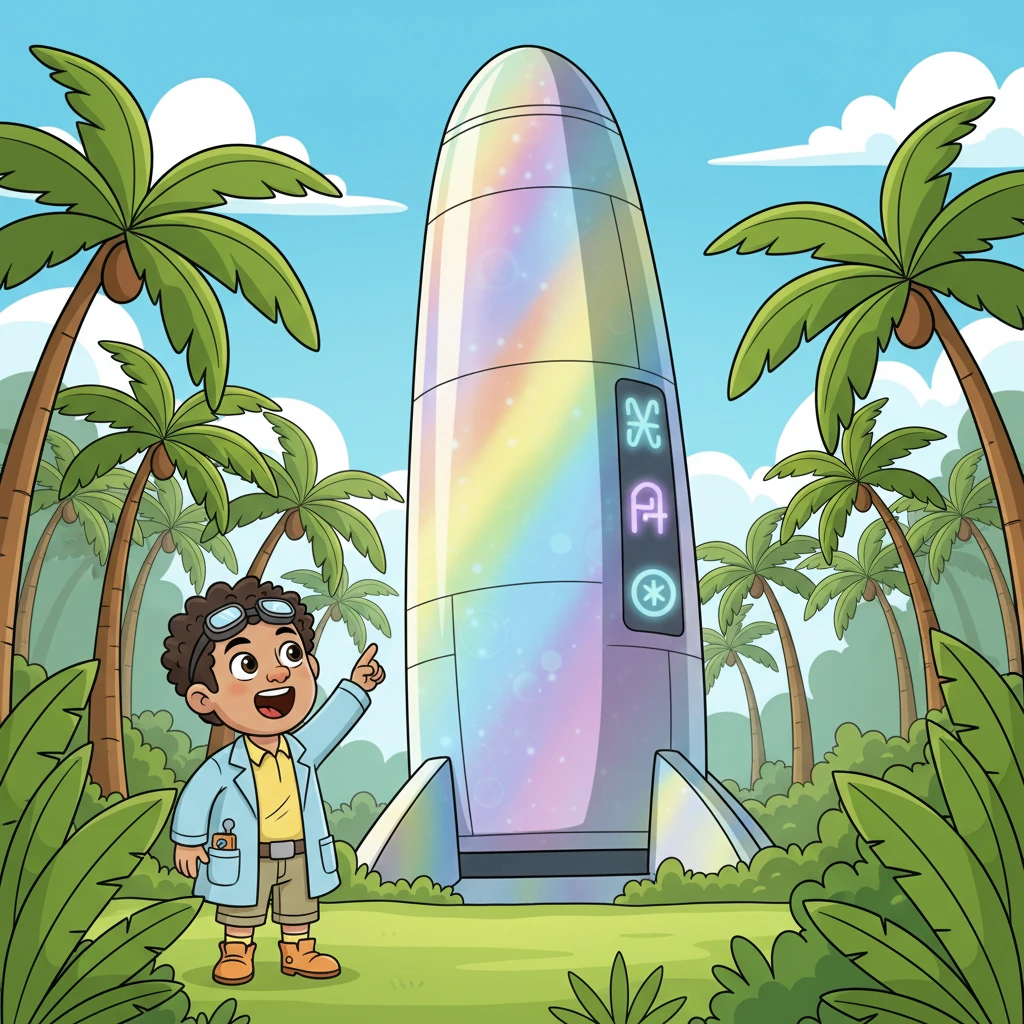 Finally, Kai reached the edge of the clearing. The spaceship was enormous, taller than the tallest palm tree! Its smooth, metallic surface shimmered with rainbow colors in the sunlight, and strange, friendly symbols glowed softly on its side, making it look like a magical, giant toy.