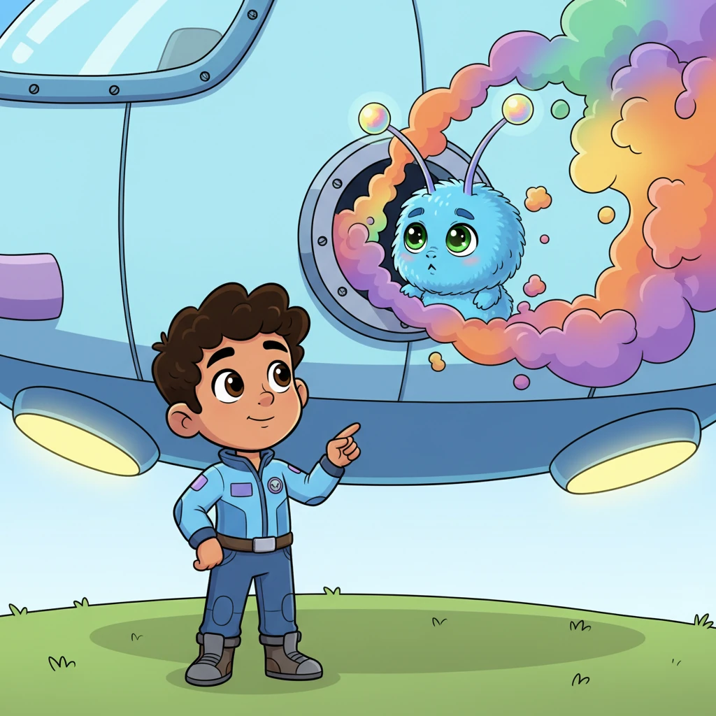 Suddenly, a small hatch on the ship hissed open with a puff of colorful smoke. A tiny, round alien with big, sparkling eyes and wobbly antennae peeked out, looking more like a lost, fluffy creature than anything scary.