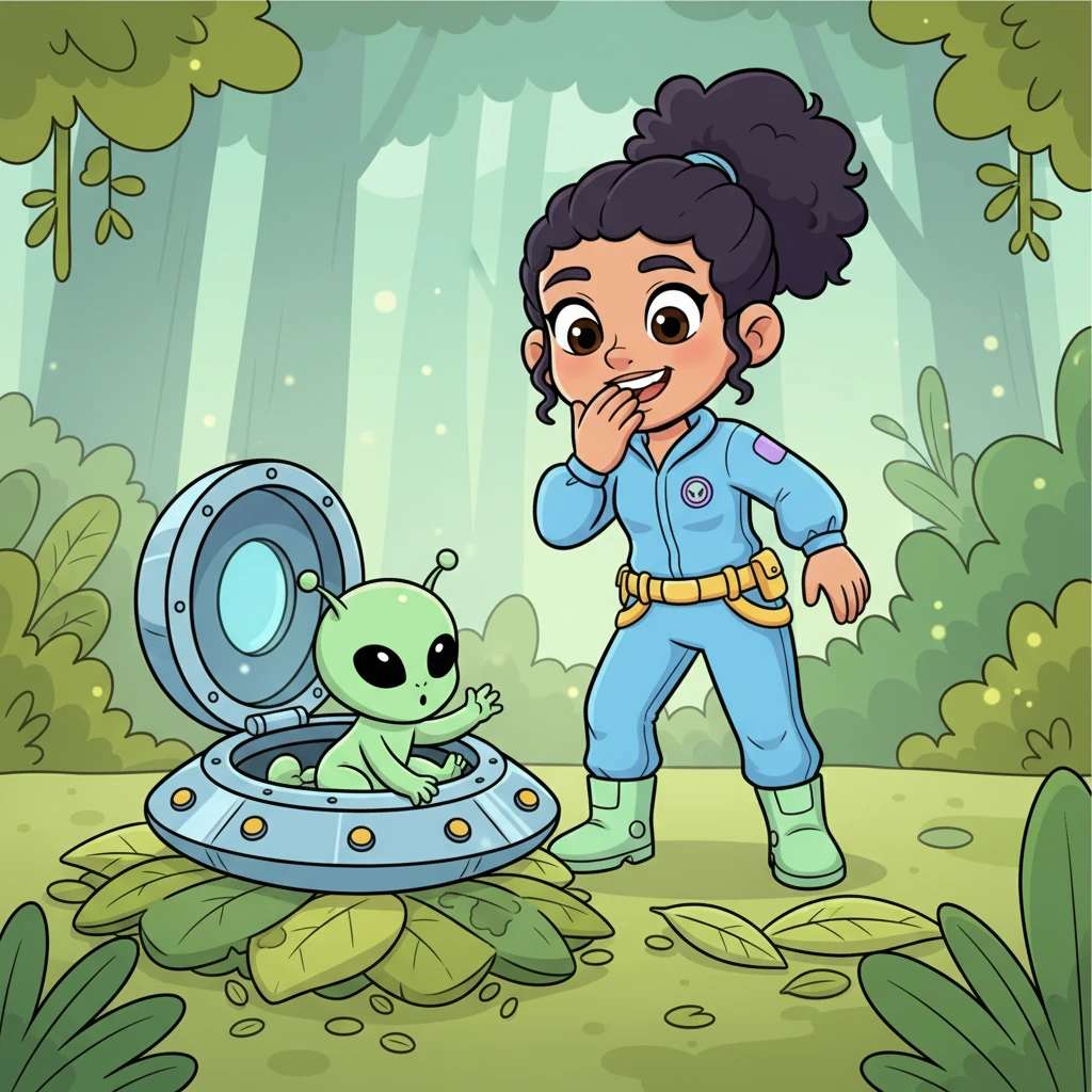 Kai gasped, but not from fear – from pure delight! The alien looked so surprised, it tumbled out of the hatch with a squeak, landing softly on a pile of oversized, stylized leaves. It blinked its big eyes, looking around nervously, a truly adorable sight.