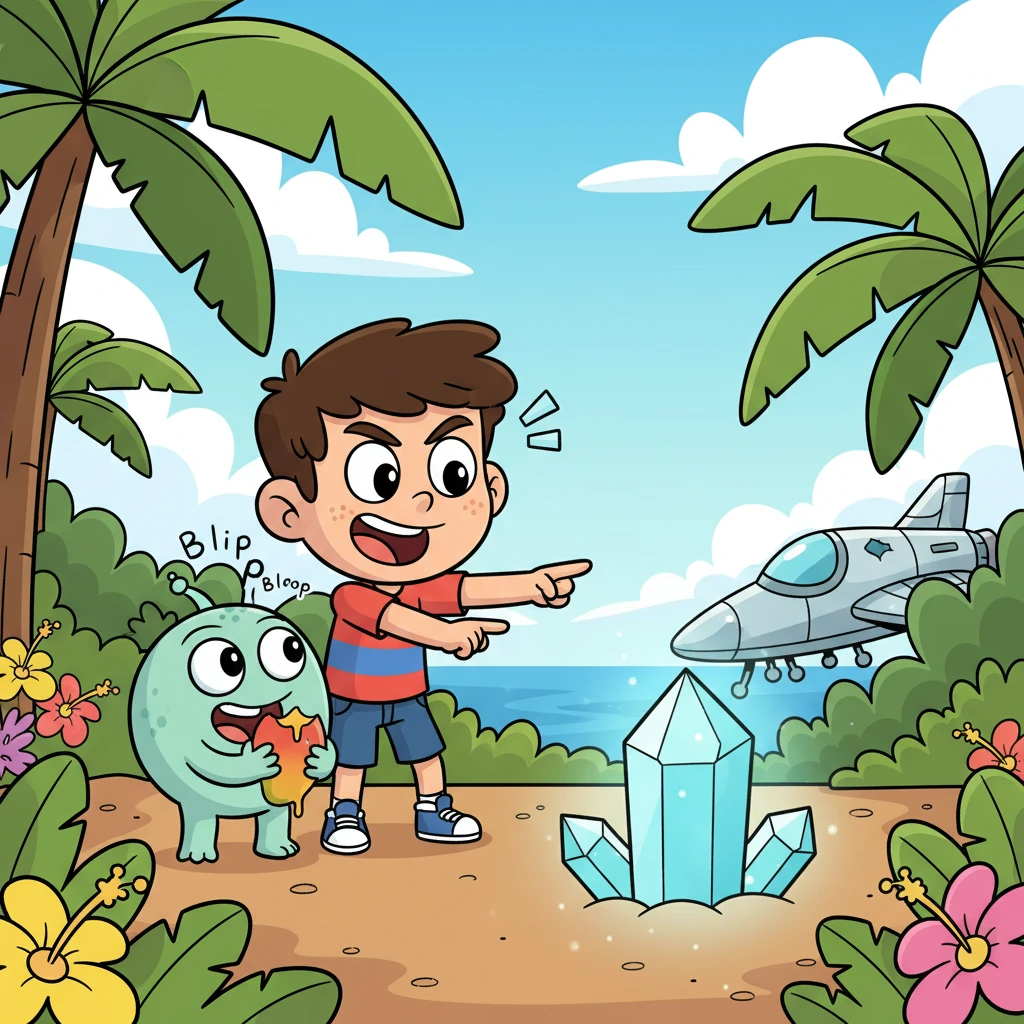 The alien, whom Kai decided to call "Zorp," happily munched on the mango with gusto. Zorp used funny gestures and blips of sound to explain that its ship just needed a little "island magic" to fly again. Kai eagerly pointed to a nearby sparkling crystal he knew about, ready to help.