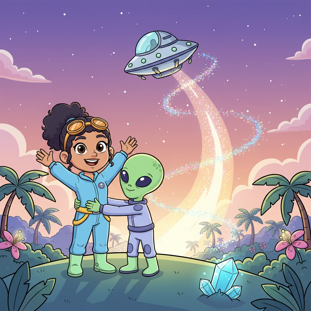 With the crystal found and "island magic" added, Zorp's ship hummed back to life with a happy purr! Zorp gave Kai a big, wobbly hug, promising to send postcards from space. As the ship soared into the sky, Kai waved goodbye, already dreaming of their next adventure, as the island, though changed, felt even more magical.