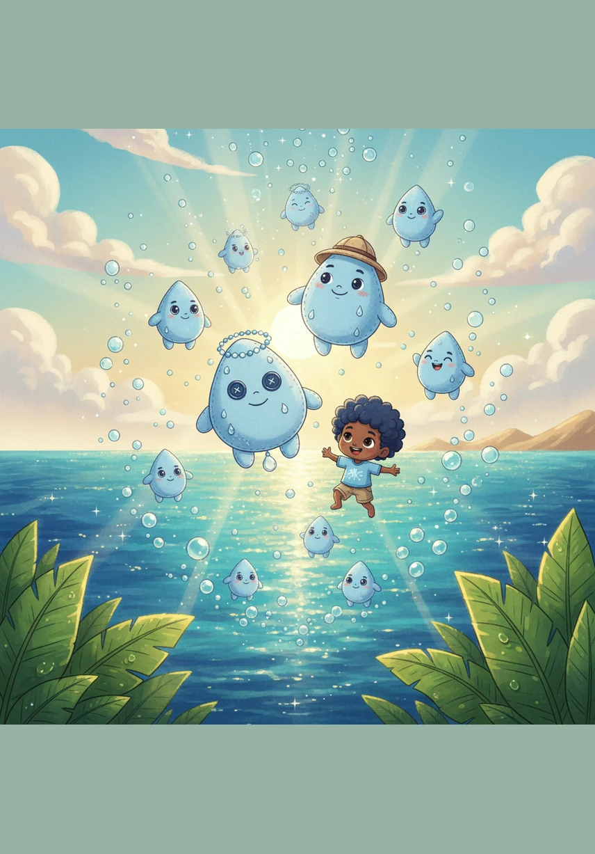 Under a brilliant morning sun, tiny droplets of water rise like magic from the sparkling ocean and the green leaves of plants, floating high into the air.