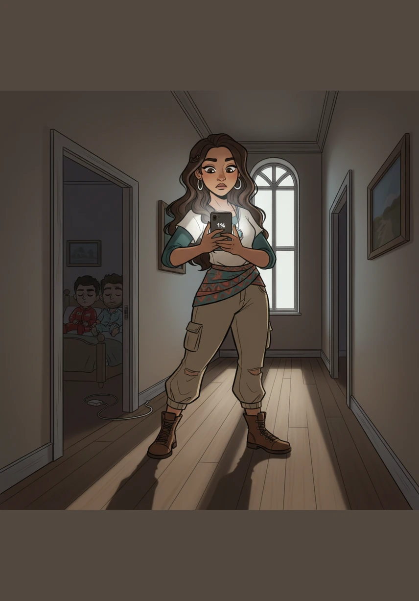 The hallway was bathed in the silver glow of the moon as Delaney tiptoed toward her brother's room. Her phone screen flickered with a final, desperate one percent, reminding her of the forgotten charger left behind in the middle of the night.