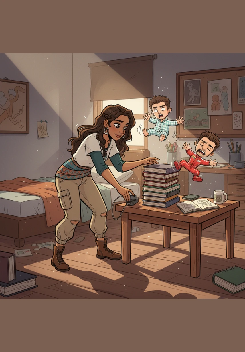 As she reached down to grab the charger, her foot caught the edge of the air mattress, sending her tumbling forward. The world tilted, and she landed directly on top of Charles, the sudden impact causing both of their hearts to race in the quiet room.