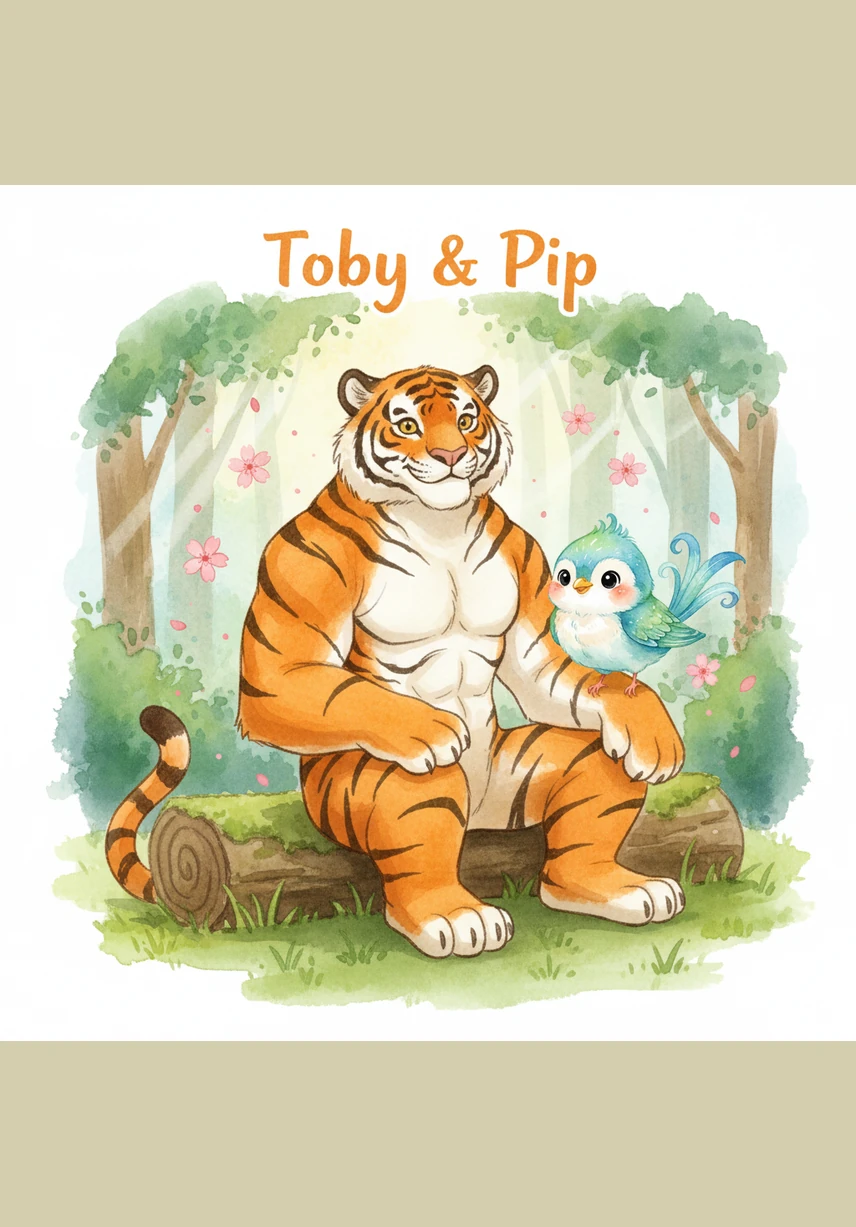 Toby the orange tiger and Pip the colorful bird sit together in a lush, green jungle. They both have wide, happy smiles, surrounded by tropical flowers and giant, vibrant leaves under the warm morning sun.