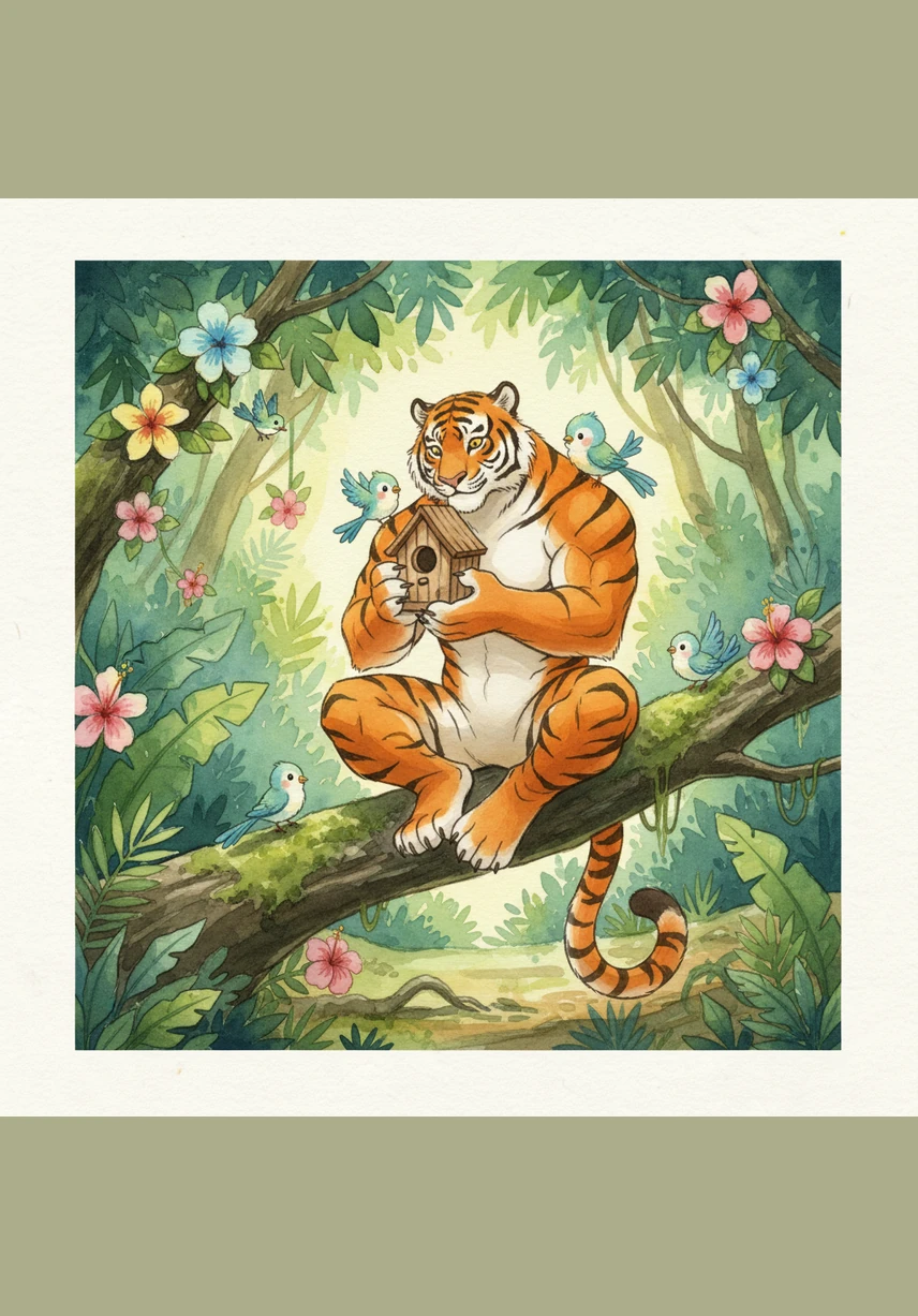 Toby the tiger takes a slow, steady walk through the tall jungle grass, his stripes blending with the shadows. Above him, Pip the bird spreads his bright blue wings and flies gracefully through the clear, warm air.