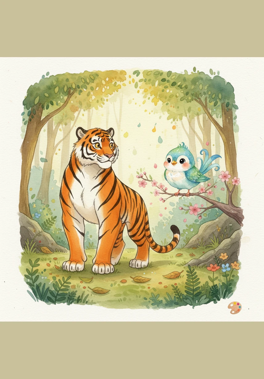 Toby stops and looks up to see Pip perched on a low, mossy branch. Pip opens his tiny beak and sings a beautiful, cheerful song that fills the quiet forest with wonderful music.