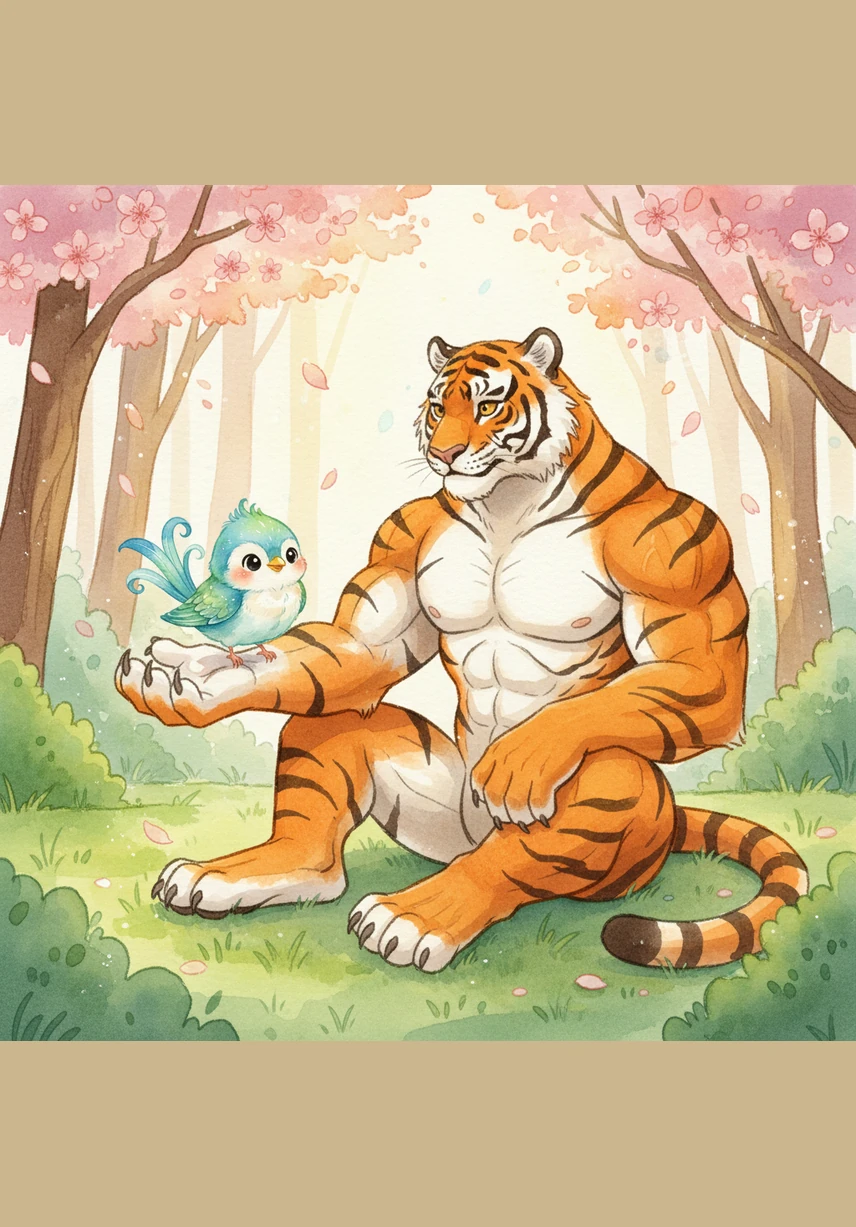 Toby gives a big, friendly smile to his new feathered friend, showing he is a kind tiger. Pip flutters down from the branch and lands softly on the ground right in front of Toby’s large paws.