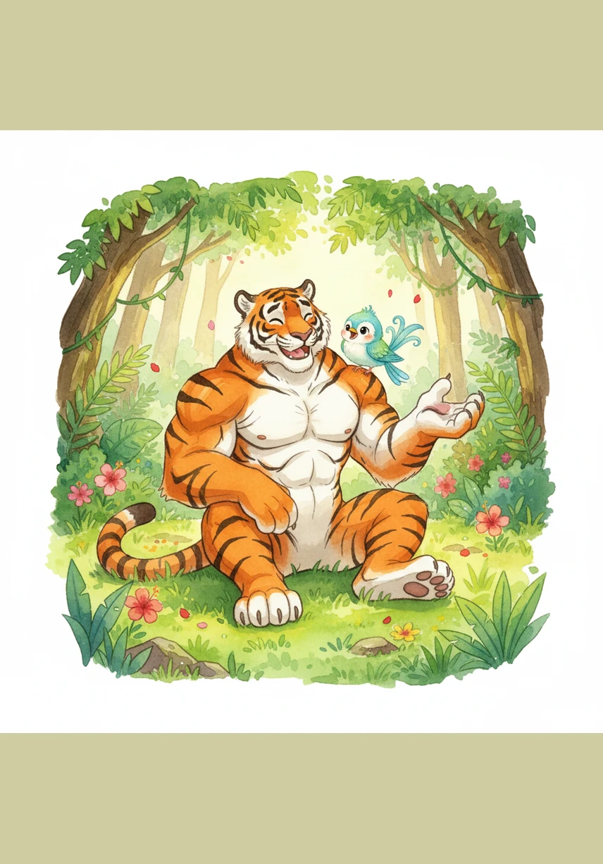 The two new friends sit together in a sunny clearing and talk about their favorite places in the jungle. They share funny stories and laugh together, feeling very happy to have found a new companion.