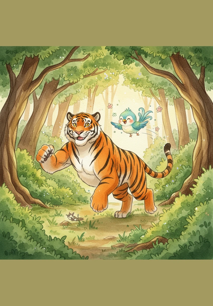 Toby and Pip start to play a fun game of tag among the ancient, twisting trees. Toby runs through the bushes with a bounce in his step while Pip zips through the air, chasing each other with pure joy.