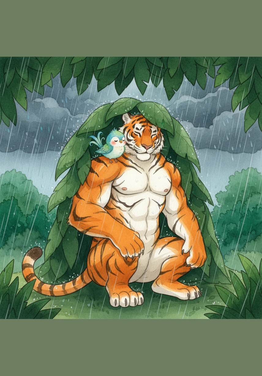 Dark clouds gather and cool rain begins to fall over the emerald green jungle. Toby and Pip find a large, thick leafy canopy to hide under so they can stay dry and cozy together until the storm passes.
