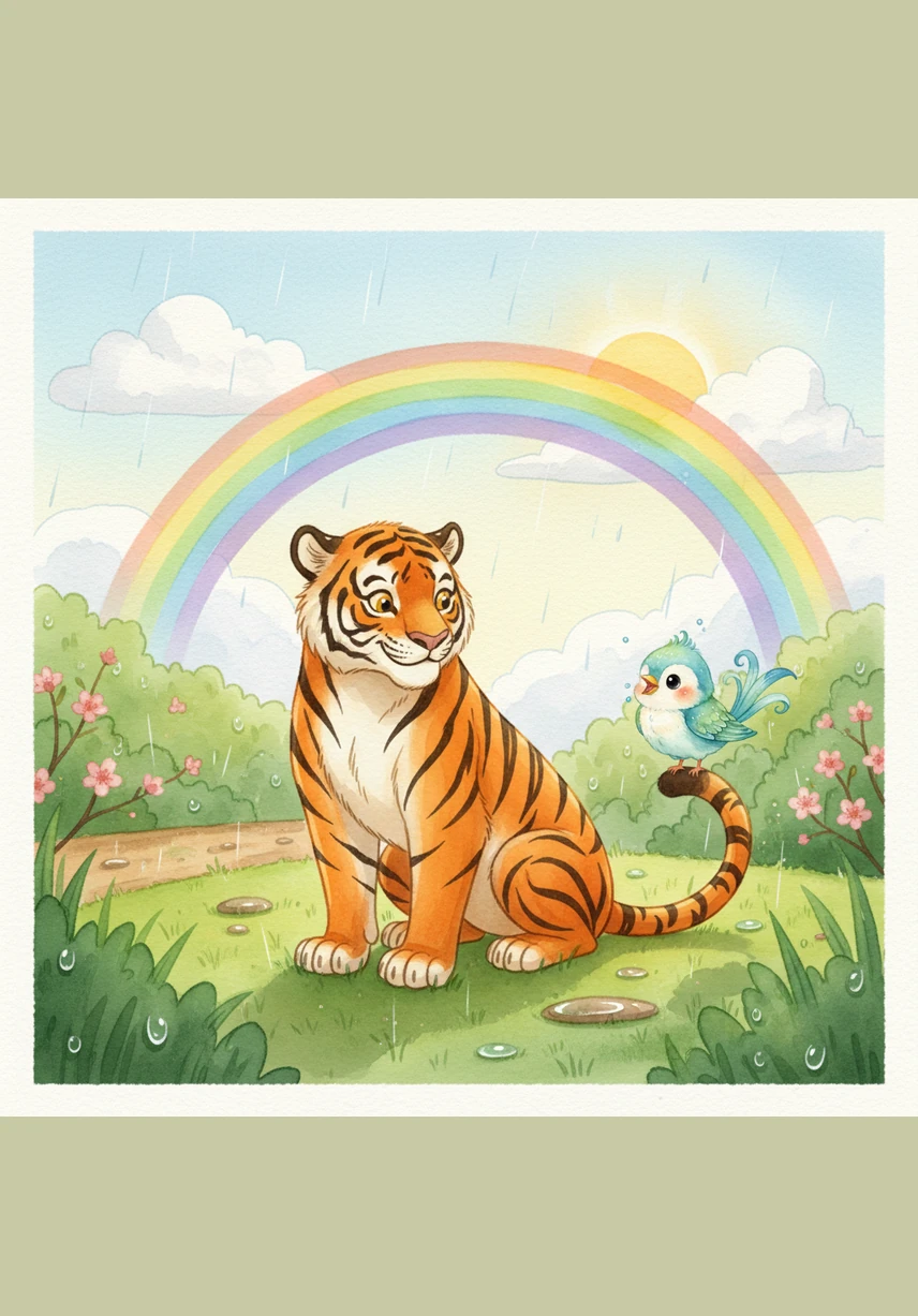 The golden sun comes out again, making the wet leaves sparkle like tiny jewels. Toby and Pip are so happy the rain has stopped that they dance together in the warm, glowing sunlight.