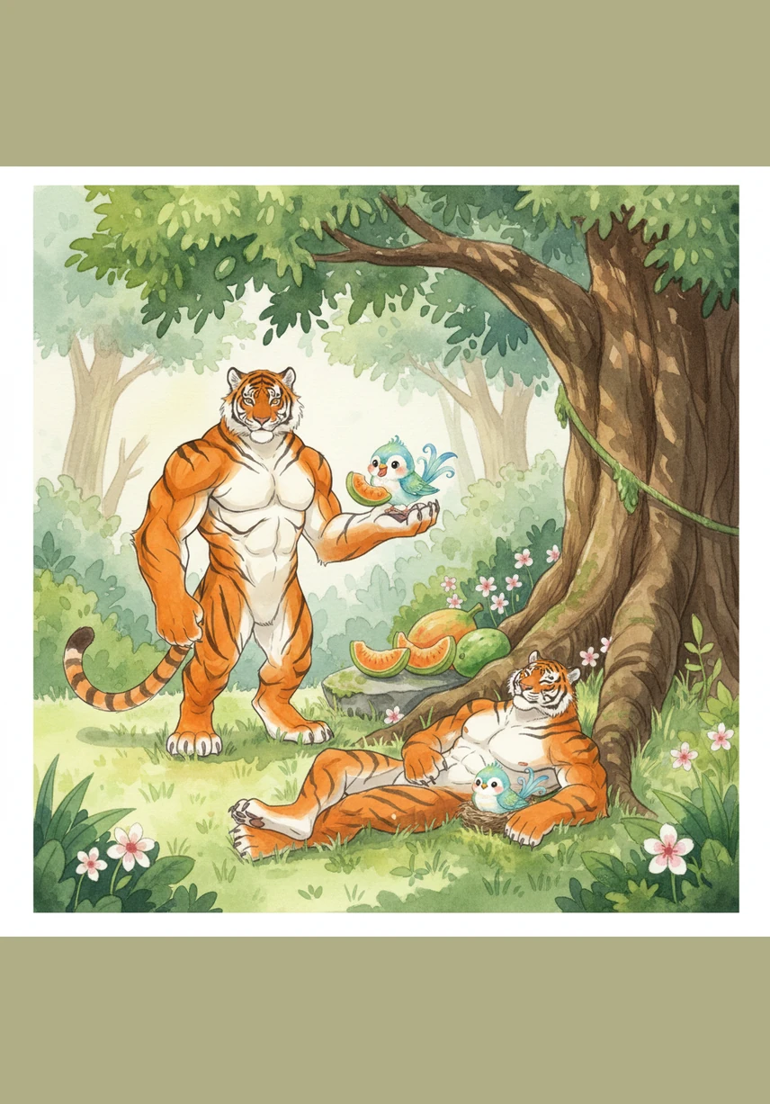 Toby finds some sweet jungle fruit and shares it with Pip under the cool shade of a tall tree. After their delicious snack, they lie down in the soft, fragrant grass to take a peaceful nap side by side.