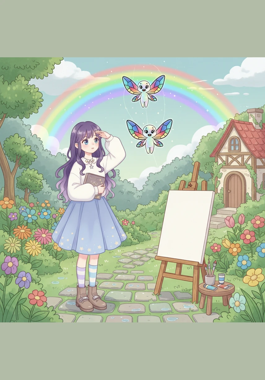 Iris always ran outside the moment the rain stopped, searching the sky for a splash of color. She lived in a small house with a big garden where she spent her days painting vibrant dreams on white canvases, waiting for the sky to wake up.