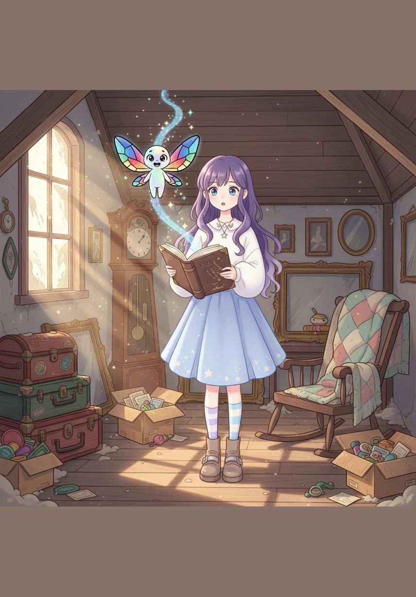 While exploring her grandmother’s dusty attic, Iris discovered a strange, triangular prism wrapped in faded blue silk. As she held it up to the dusty window, it cast a thousand tiny dancing rainbows across the wooden floor and old trunks.