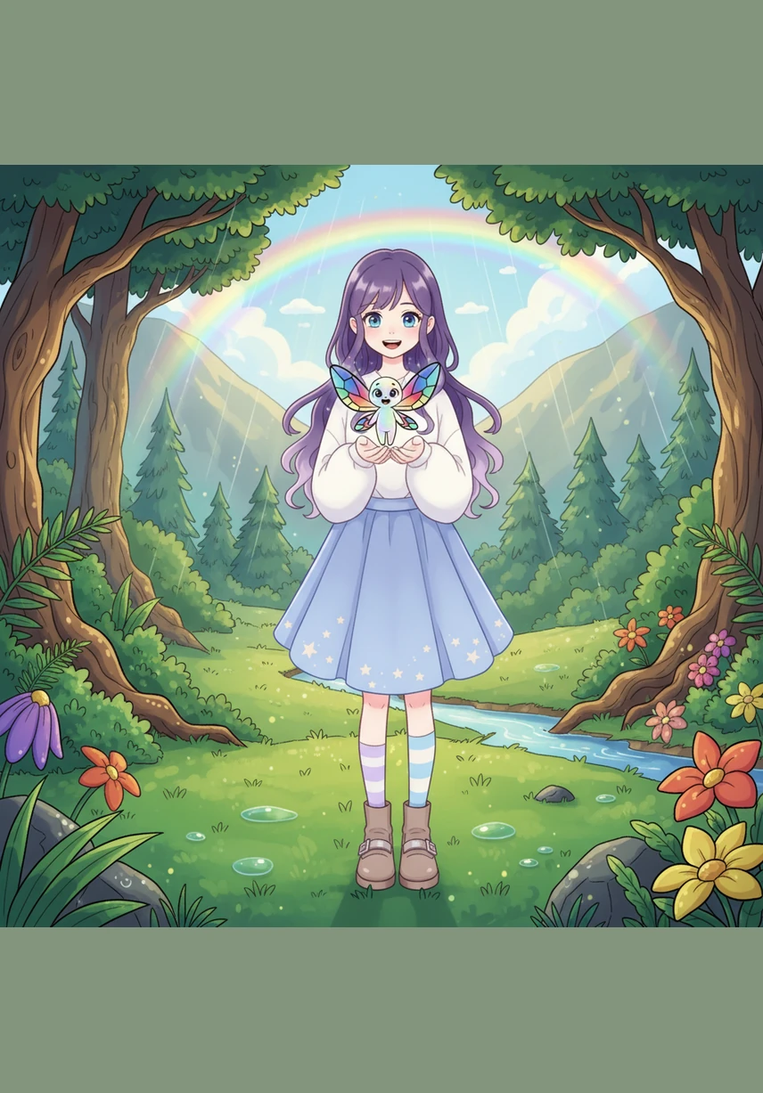 A magnificent double rainbow arched across the valley after a sudden summer storm. When Iris looked through her special prism, she didn't just see colors; she saw a shimmering golden keyhole hidden deep within the yellow band of light.