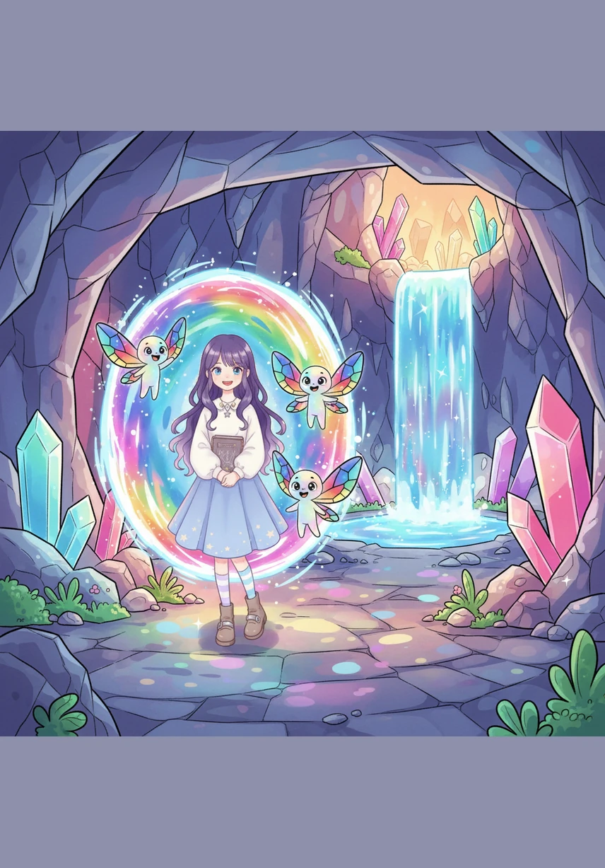 On the other side of the portal, Iris found herself in the Prism Realm, a land where the grass felt like silk and the rivers flowed with liquid sapphire. Every breath she took tasted like sweet citrus and the air felt like a warm hug.