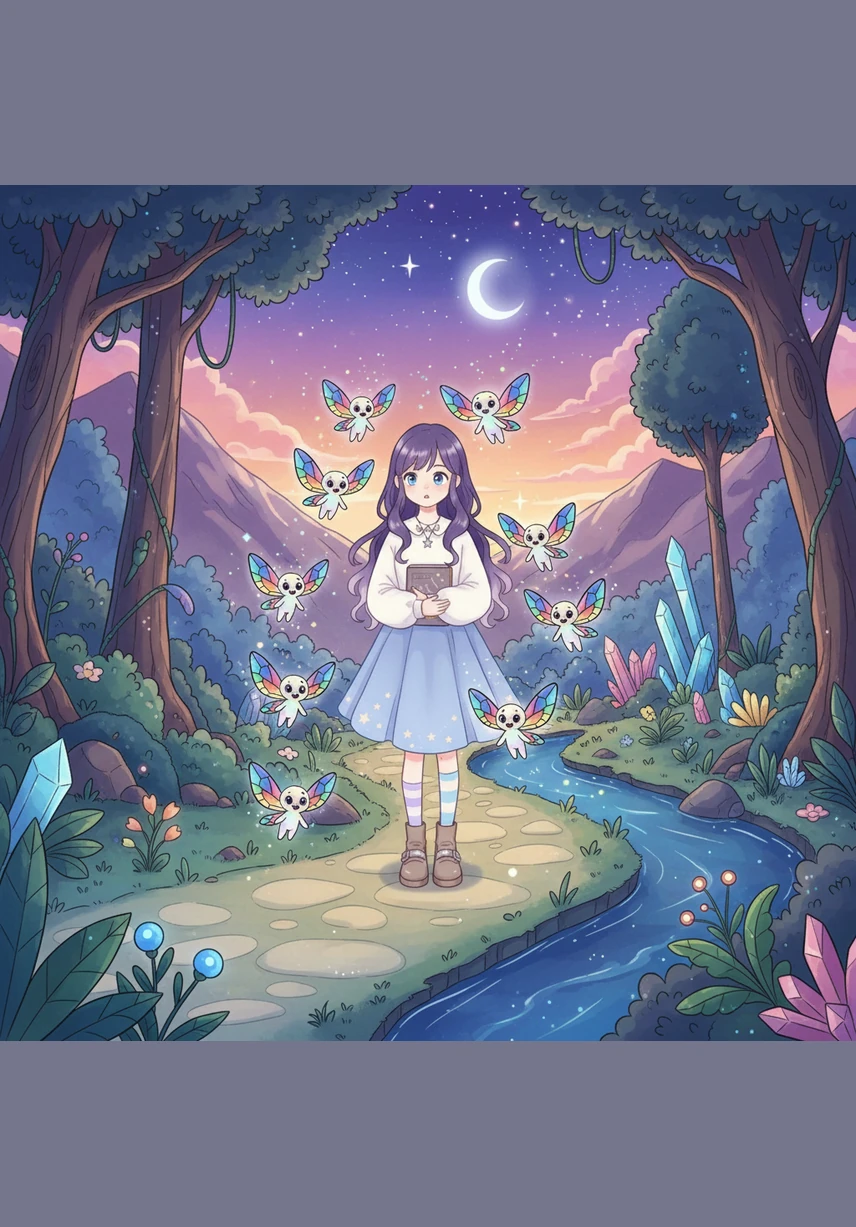 The sprites led Iris to the Indigo Valley, where the deep blues and purples were turning into a dull, lifeless gray. A heavy shadow had stolen the spark from the Great Indigo Fountain, and the world was slowly losing its magic.