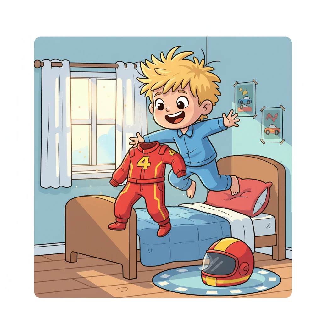 De zon scheen vrolijk door Lou's raam. Zijn blonde, wilde haren stonden alle kanten op toen hij wakker werd. Vandaag was de grote dag: het carnavalsfeest op school! Hij sprong uit bed, vol energie en klaar om zijn supercoole Bliksem McQueen racepak aan te trekken. Kan je je voorstellen hoe snel Lou vandaag zal rijden?